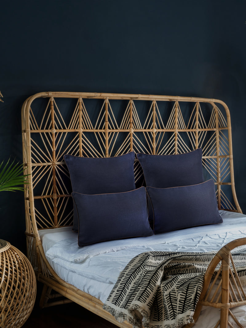 Classica  Piped  Canvas Hemp Cushion Cover | Indigo & Chocolate