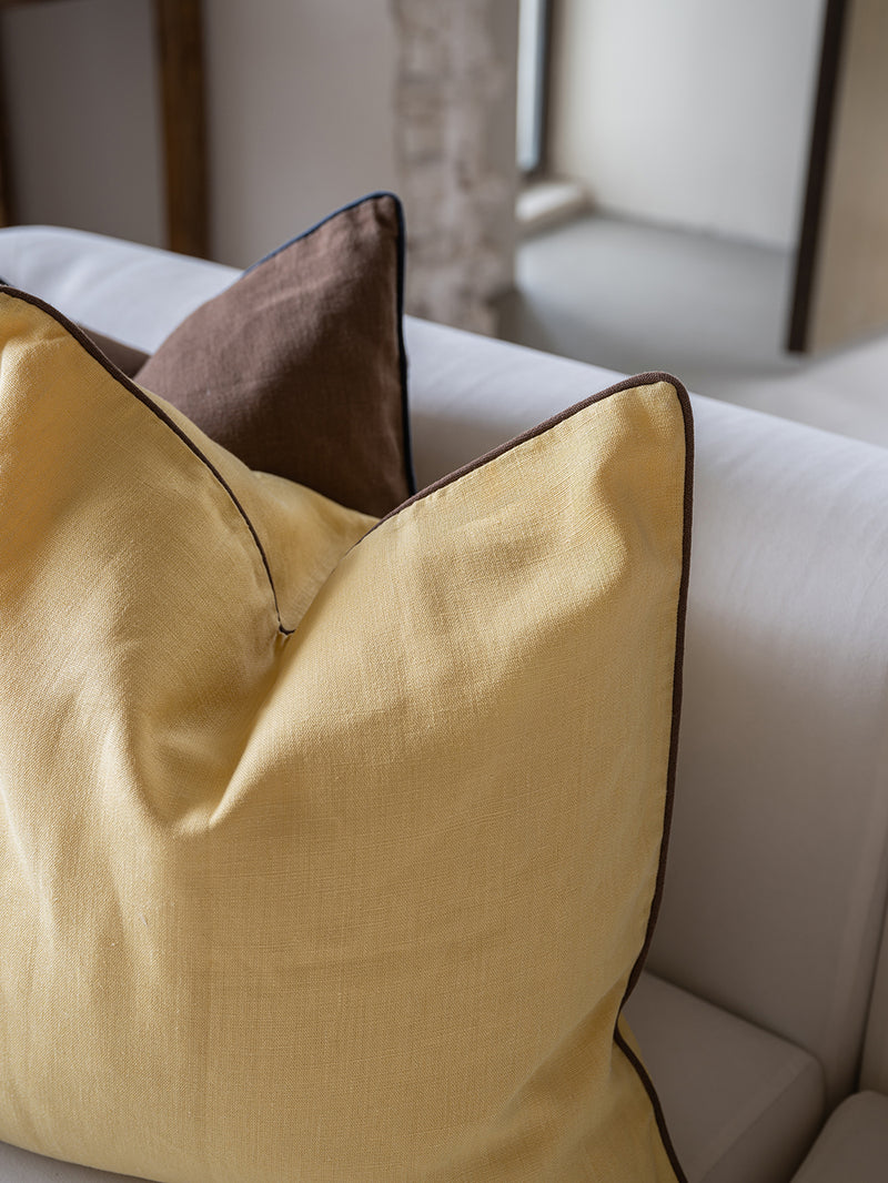 Classica Piped Canvas Hemp Cushion Cover | Chamomile & Chocolate