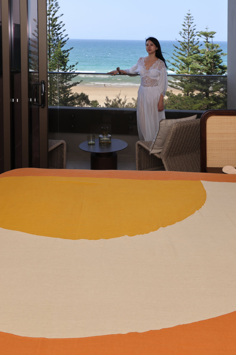 100% Organic European Linen Bedcover | Paprika & Sand &Curry (King / Queen)