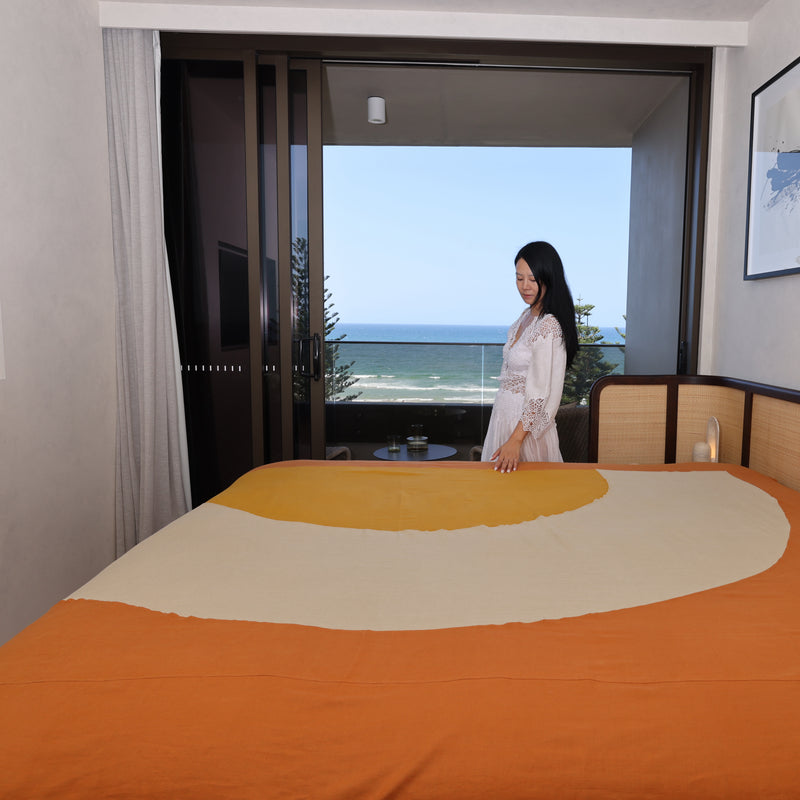 100% Organic European Linen Bedcover | Paprika & Sand &Curry (King / Queen)