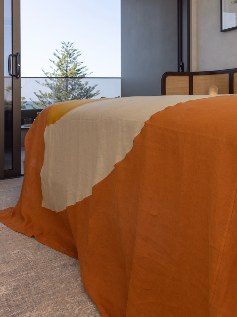 100% Organic European Linen Bedcover | Paprika & Sand &Curry (King / Queen)
